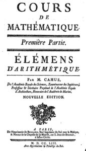 Title page of Cours de mathématique (vol. 1) by French mathematician Charles Étienne Louis Camus; first published in 1749